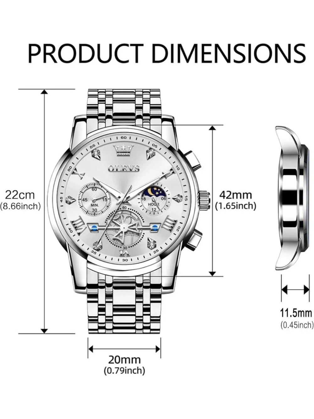 Men's All silver Stainless Steel Waterproof Big Face Multifunction  Wrist Watch